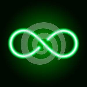 Infinity sign from glowing green neon line. Vector illustration.