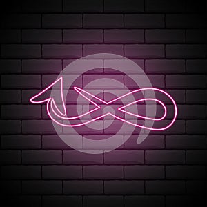 Infinity sign from glowing pink arrow neon line. Vector illustration. on brick wall