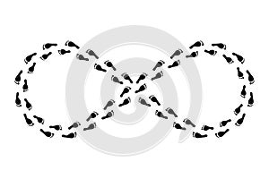 Infinity sign of men footprints. Endless search for a solution. Go in circle. Vector illustration. stock image.