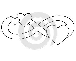 Infinity sign with three hearts - vector linear illustration for coloring. Eternal love symbol for Valentine`s Day, polyamory symb