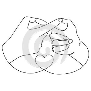 Infinity sign with two finger gesture.Symbol of eternal love, friendship.Two hands show infinity sign Line art.Vector