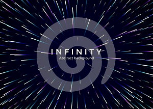 Infinity and space. Abstract background travel through time and space. Futuristic neon poster. Trendy music banner template.