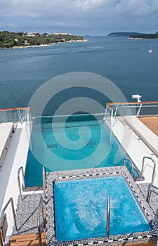 Infinity swimming pool on ship in the port of Dubrovnik in Croatia