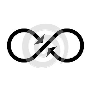 Infinity symbol icon with both side arrows. Concept of infinite, limitless and endless. Simple flat black vector design