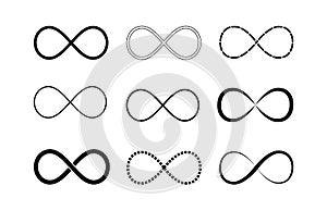 Infinity symbol logos set. Black contours. Symbol of repetition and unlimited cyclicity. Vector illustration on