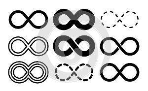 Infinity symbol. Mobius infinite arrow icon set. Endless thin linear image. Vector repetition and unlimited logo