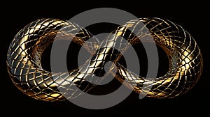 Infinity symbol twisted in 3D with shiny metallic dragon scales texture and golden snake isolated on black