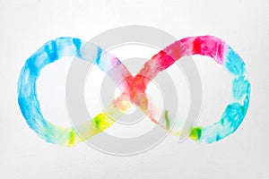 Infinity symbol with watercolour primary colour gradient on texture drawing white paper background