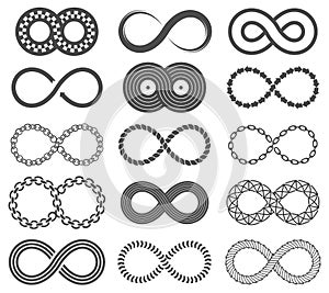 Infinity symbols. Mobius loop shape, unlimited and forever signs. Abstract motion, identity and eight shaped isolated
