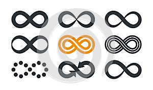 Infinity symbols. Repetition and unlimited cyclicity in different style isolated on white background.