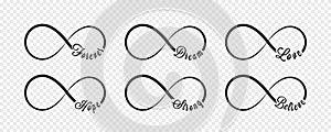 Infinity symbols. Repetition and unlimited cyclicity icon and sign illustration on transparent background. Forever