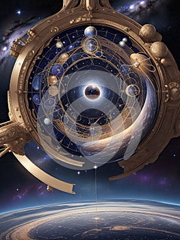 Infinity time spiral in space, antique surreal old clock abstract fractal spiral