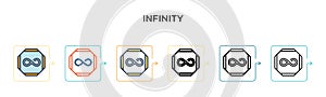 Infinity vector icon in 6 different modern styles. Black, two colored infinity icons designed in filled, outline, line and stroke