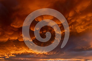 Inflamed sky with mammatus clouds at sunset