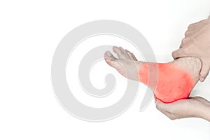 Inflammation of Asian manâ€™s ankle joint and foot. Concept of joint pain, osteoarthritis or gout