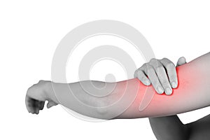 Inflammation colored in red suffering from pain in a elbow, healthcare and problem concept - isolated on white background