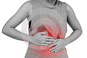 Inflammation colored in red suffering. stomach painful suffering from stomachache causes of menstruation period