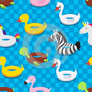 Inflatable animal rubber toys in swimming pool. Swim float rings summer vector seamless pattern