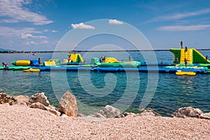 Inflatable aquapark attractions in water, Adriatic Se