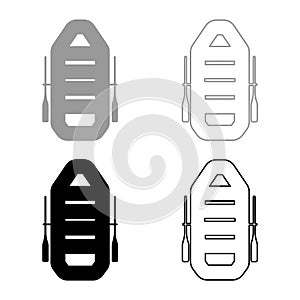 Inflatable boat with paddles oars water travel sport river ship leisure summer time concept set icon grey black color vector