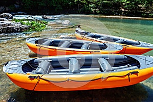 inflatable boat to transport tourists in Martvili canyon in Georgia. Beautiful natural canyon with view of the mountain river