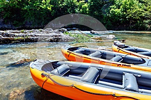 inflatable boat to transport tourists in Martvili canyon in Georgia. Beautiful natural canyon with view of the mountain river