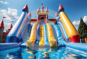 Inflatable bounce castle playground with slide and pool in a water park. Generative AI