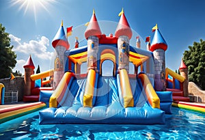 Inflatable bounce castle playground with slide and pool in a water park. Generative AI