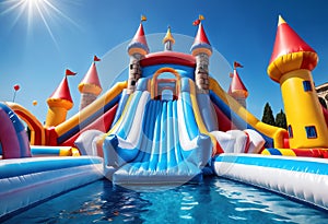 Inflatable bounce castle playground with slide and pool in a water park. Generative AI