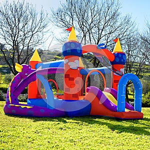 Inflatable castle labyrinth, slide, trampoline.