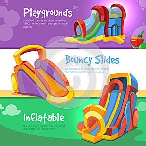 Inflatable castles and childrens hills on playground