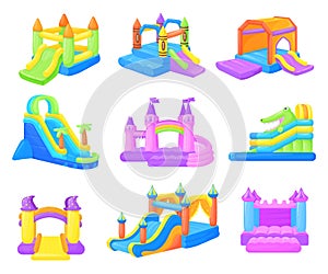 Inflatable castles. Inflated castle and air bouncy slides for kids park, rubber playgrounds child game bounce in house