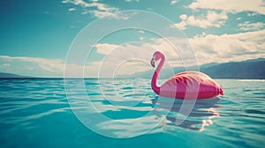 Inflatable flamingo in azzure sea. Ai generative photo