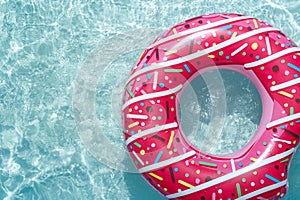 Inflatable float rubber ring in the form of a pink donut in the blue water of the pool photo