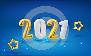 Inflatable, gold and white, volumetric, 3d figures 2021, isolated on a blue background with gold stars. New Year, vector