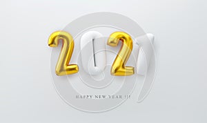 Inflatable, gold and white, volumetric, 3d figures 2021, isolated on gray background. New Year, vector illustration. Template for