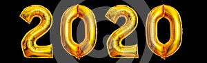 Inflatable golden numbers 2020. Helium balloons. New Year`s holiday mood. Black background.