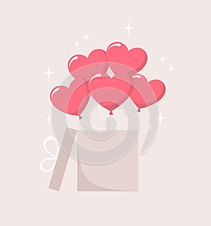 Inflatable heart balloons flying out of an open gift box on a beige background. Vector illustration