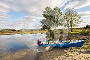 inflatable kayak loaded tourist equipment