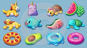 An inflatable mattress set with swimming rings with a cartoon unicorn, dog, turtle, watermelon, popsicle, avocado and