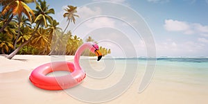 Inflatable pink flamingo on beautiful tropical sandy beach with palm tree