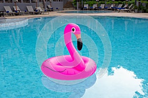 Inflatable pink flamingo in swimming pool. Summer vacation.