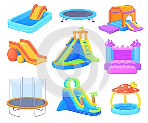 Inflatable playgrounds. Bouncy slides and inflated castles for birthday friends air attraction park, rubber toys house