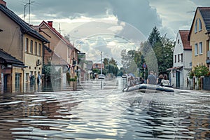 Inflatable rescue boat evacuating people, navigating through a flooded rural street. Floodwaters have inundated the