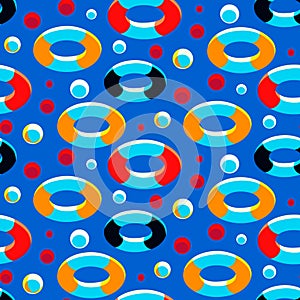 Inflatable ring lifebuoys and balls seamless pattern vector illustration. Summer holiday bright background