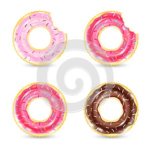 Inflatable ring looking like donut isolated on white background. Realistic colorful rubber swimming buoy. Vector