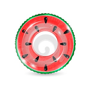 Inflatable ring looking like watermelon isolated on white background. Realistic colorful rubber swimming buoy. Vector illustration