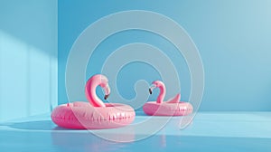 An inflatable ring in the shape of a pink flamingo floats in the blue pool on the left