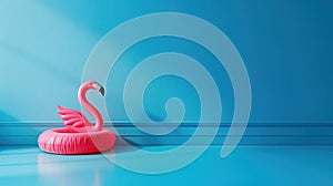 An inflatable ring in the shape of a pink flamingo floats in the blue pool on the left