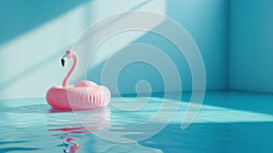 An inflatable ring in the shape of a pink flamingo floats in the blue pool on the left